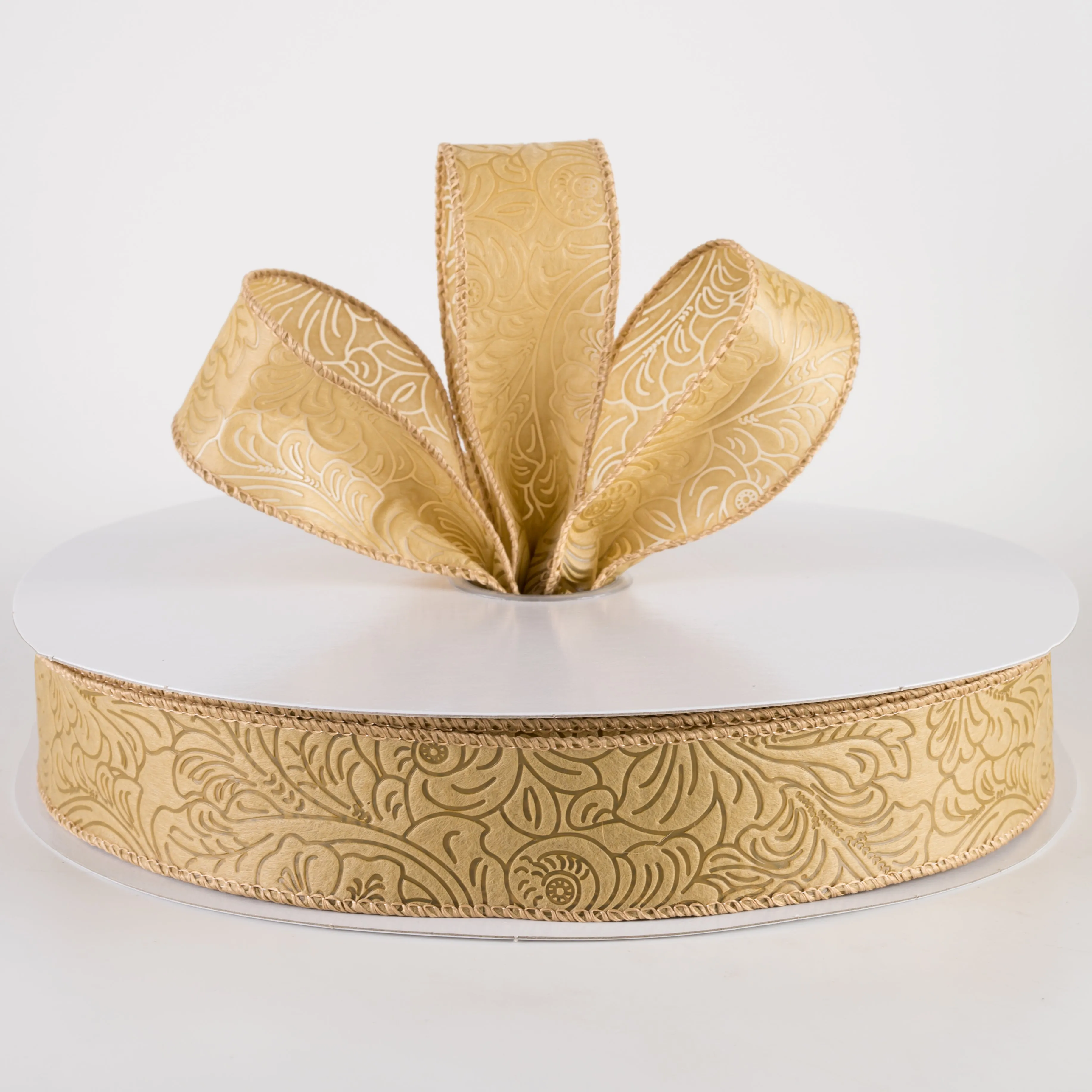 1.5" Embossed Flower Breeze Ribbon: Tan (50 Yards)