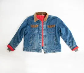 1980s Denim Jacket Quilted Red Jean Coat Corduroy Large