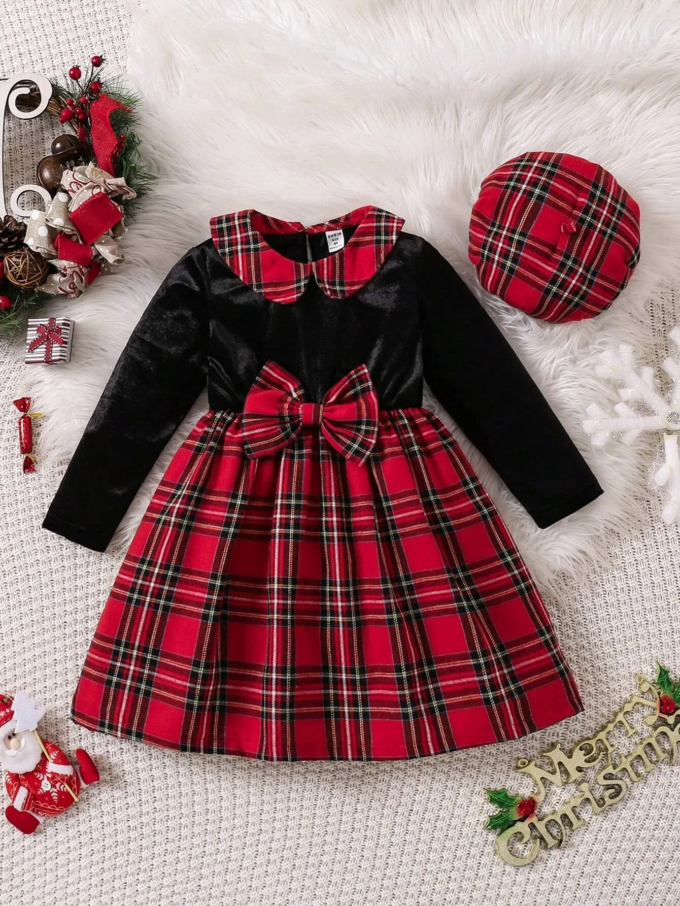 2pcs Young Girl' Casual Christmas Velvet Splice Plaid Pinafore Dress   Plaid Beret Hat Set, Suitable For Christmas Party, Casual Wear, And Layering With Coats