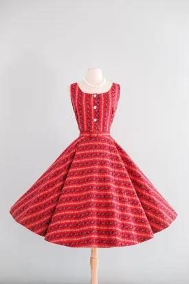 Adorable 1950's Red Quilted Floral Cotton Dress by Elaine Terry / M