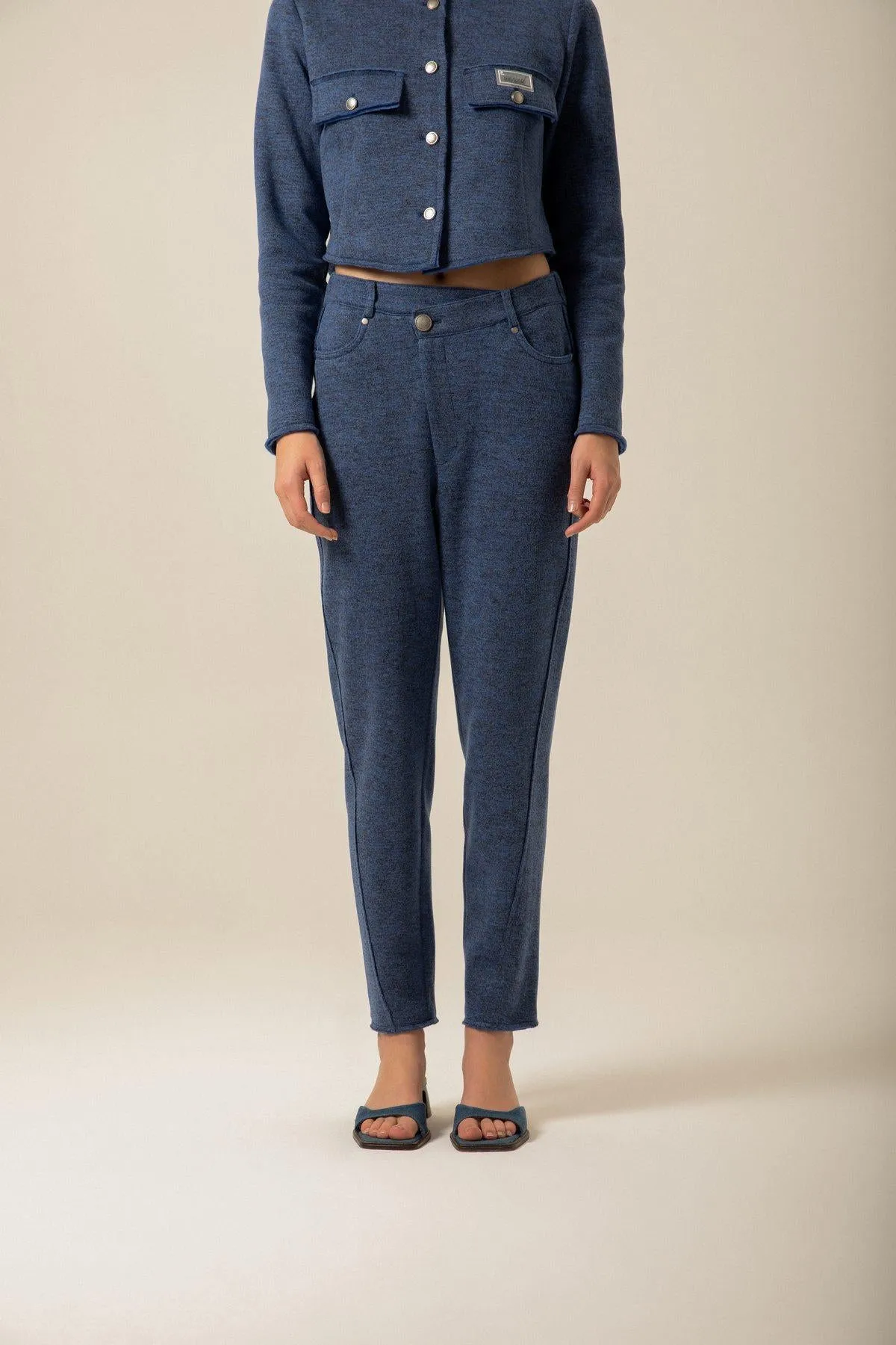 Asymmetrical Closure Knitwear Navy Blue Pants