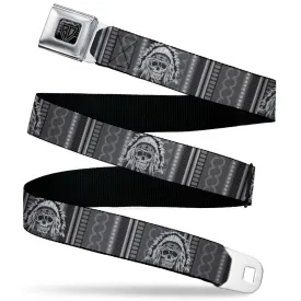 BD Wings Logo CLOSE-UP Black/Silver Seatbelt Belt - Native American Skull w/CLOSE-UP Black/Grays/White Webbing