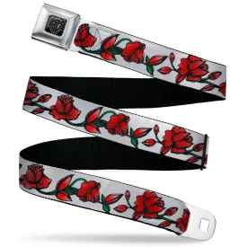 BD Wings Logo CLOSE-UP Black/Silver Seatbelt Belt - Red Rose Chain White Webbing