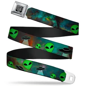 BD Wings Logo CLOSE-UP Full Color Black Silver Seatbelt Belt - Aliens & UFO's Galaxy/Green/Black/White Webbing