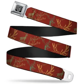 BD Wings Logo CLOSE-UP Full Color Black Silver Seatbelt Belt - Antlers Brown/Turquoise/Gold Webbing