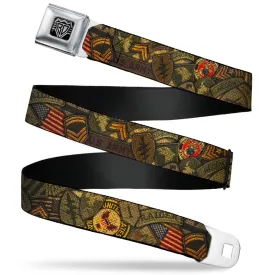 BD Wings Logo CLOSE-UP Full Color Black Silver Seatbelt Belt - Armed Forces Military Badges Stacked Webbing