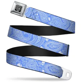 BD Wings Logo CLOSE-UP Full Color Black Silver Seatbelt Belt - Bandana/Skulls Baby Blue/White Webbing