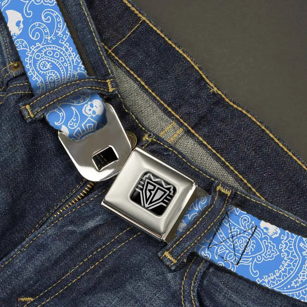 BD Wings Logo CLOSE-UP Full Color Black Silver Seatbelt Belt - Bandana/Skulls Baby Blue/White Webbing