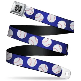 BD Wings Logo CLOSE-UP Full Color Black Silver Seatbelt Belt - Baseballs Scattered Blue Webbing