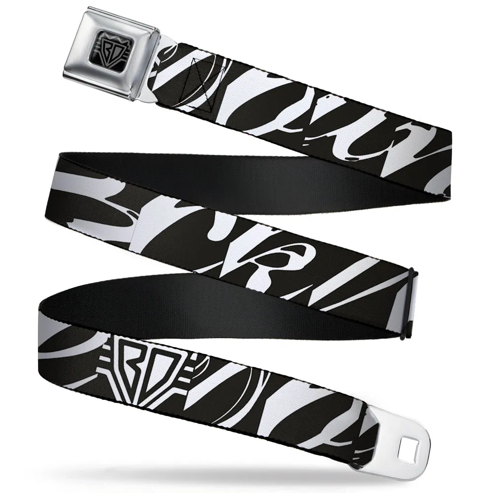 BD Wings Logo CLOSE-UP Full Color Black Silver Seatbelt Belt - BD Logo/BUCKLE-DOWN Script Black/White Webbing