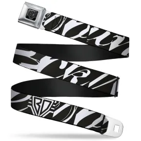 BD Wings Logo CLOSE-UP Full Color Black Silver Seatbelt Belt - BD Logo/BUCKLE-DOWN Script Black/White Webbing