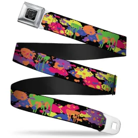 BD Wings Logo CLOSE-UP Full Color Black Silver Seatbelt Belt - BD Paint Splatter Black/Neon Webbing