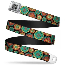 BD Wings Logo CLOSE-UP Full Color Black Silver Seatbelt Belt - Boho Mandala Black/Yellow/Turquoise/Orange Webbing