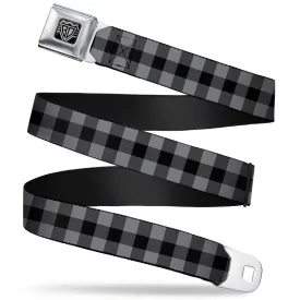 BD Wings Logo CLOSE-UP Full Color Black Silver Seatbelt Belt - Buffalo Plaid Black/Gray Webbing