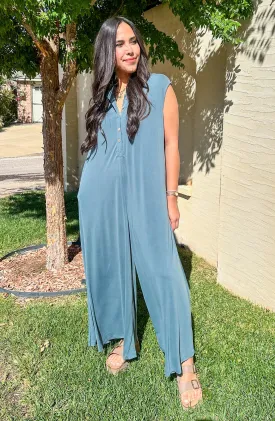 Be Present Teal Button Down Jumpsuit