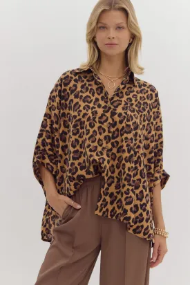 Camel Cheetah Print Button Down Top