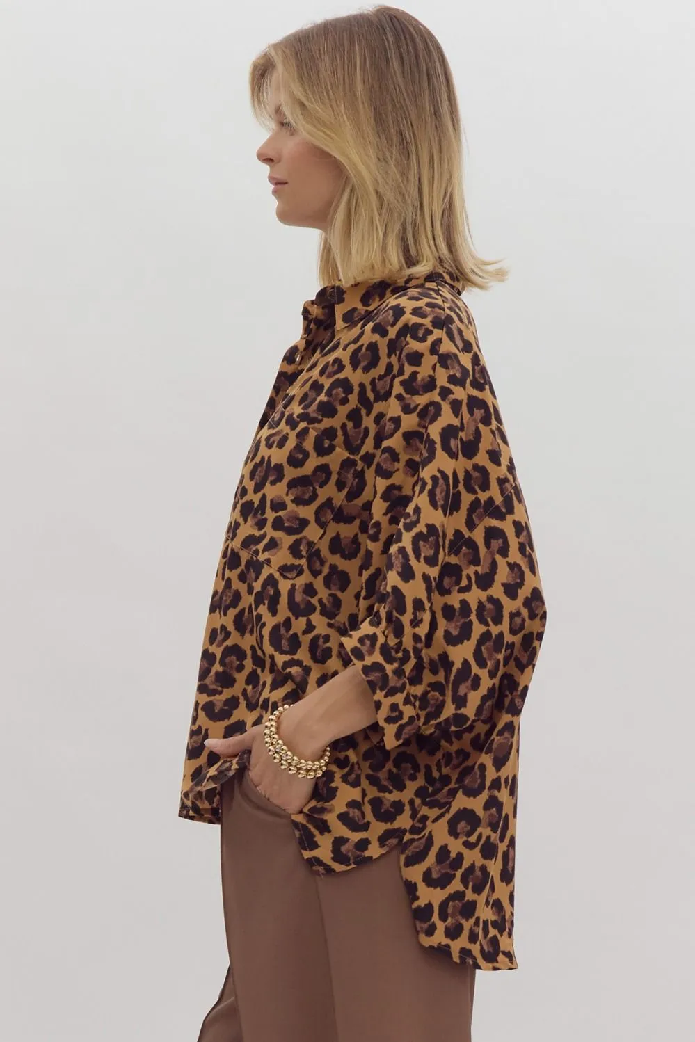 Camel Cheetah Print Button Down Top