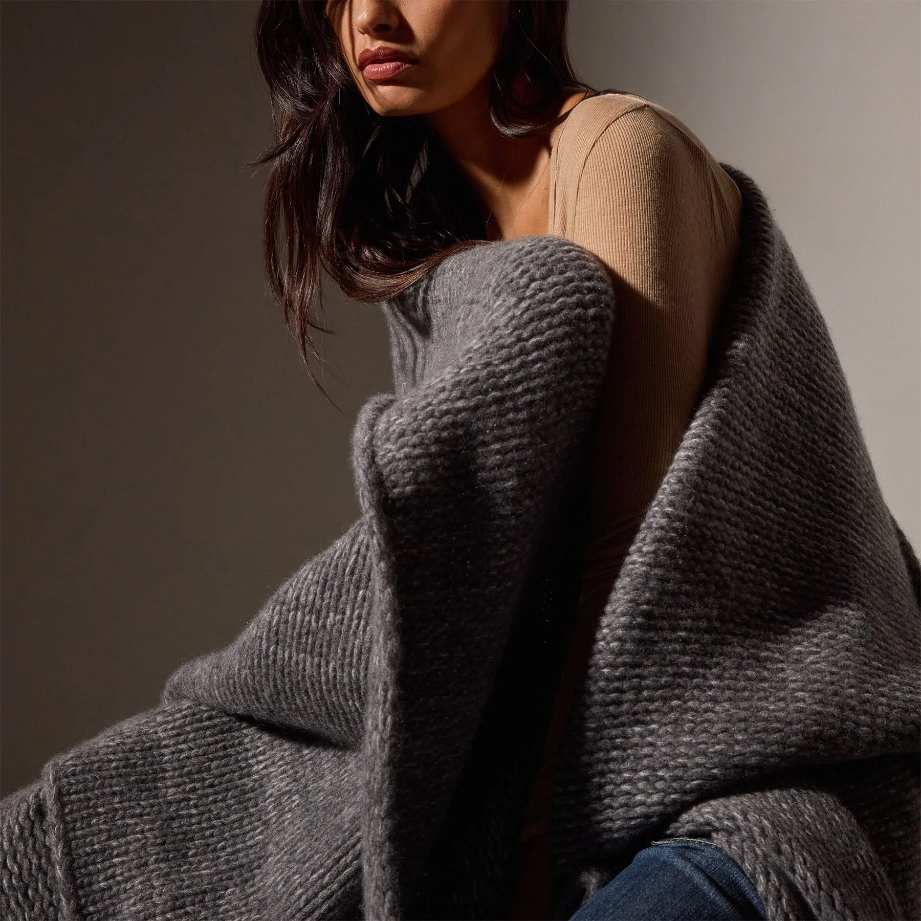 Cashmere Melange Knit Blanket - Charcoal Melange