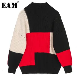 [EAM] Contrast Color Knitting Sweater Loose Fit Round Neck Long Sleeve Women Pullovers New Fashion Tide Autumn Winter 2020 1M097