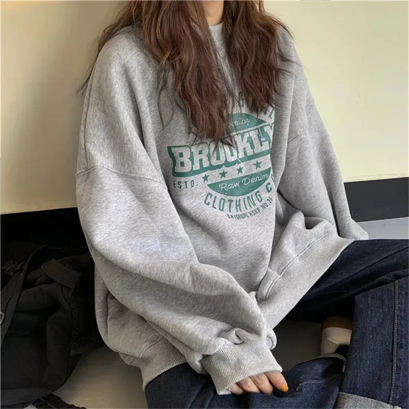 Getadme Harajuku Gray Sweatshirts Women Hip Hop Letter Print Hoodies Oversized Loose Crewneck Pullover Tops Korean Streetwear