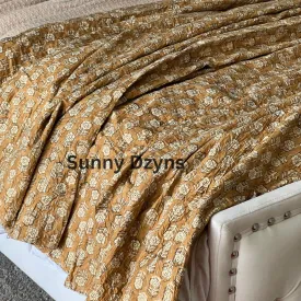 Kantha Throw Blanket Quilt Pure Cotton Bedspread in Tan Print Hand Block Quilt Floral Print Lightweight Kantha Blanket Handmade Gift for her