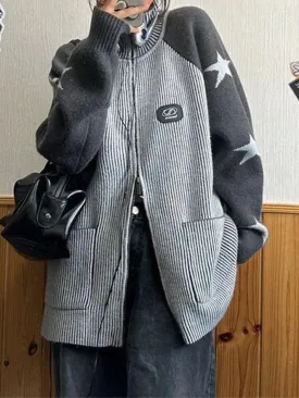 Knit Star Print Loose High Neck Cardigan