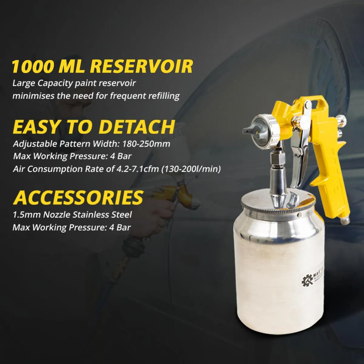 MAF PRO ASG1001 Air Spray Gun, 1000ml Capacity | 1.5mm Nozzle Stainless Steel | 3-4 Bar Pressure | Suitable for Base Coat Spray Gun for Auto Paint