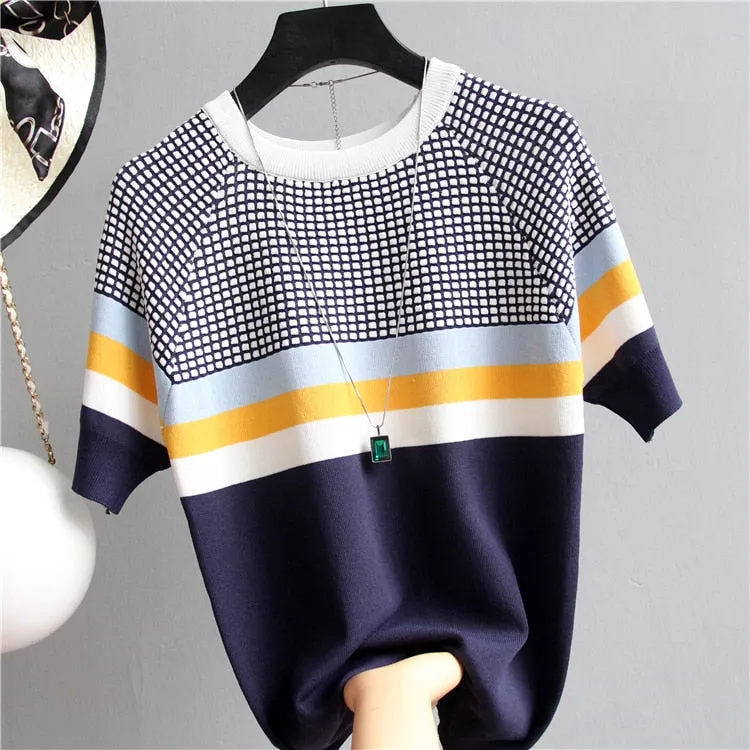 Short Sleeved Sweater Women Striped Top 2019 Plaid Knitted Cotton Woman Clothes