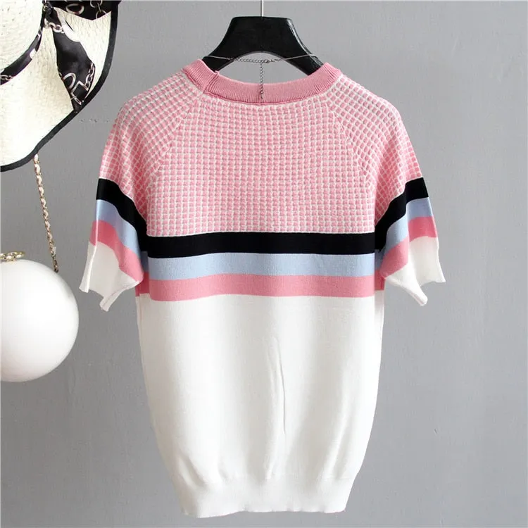 Short Sleeved Sweater Women Striped Top 2019 Plaid Knitted Cotton Woman Clothes