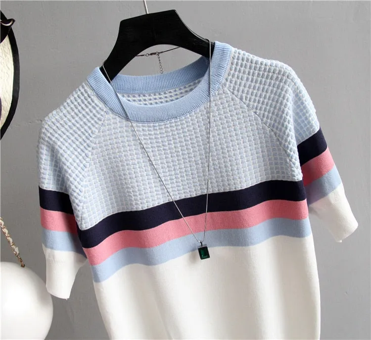 Short Sleeved Sweater Women Striped Top 2019 Plaid Knitted Cotton Woman Clothes