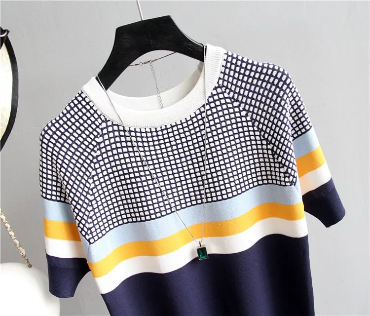 Short Sleeved Sweater Women Striped Top 2019 Plaid Knitted Cotton Woman Clothes