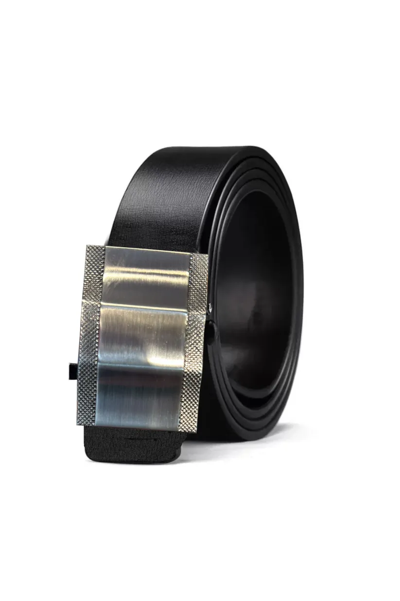 Sleek Black Belt with Textured Silver-Tone Buckle