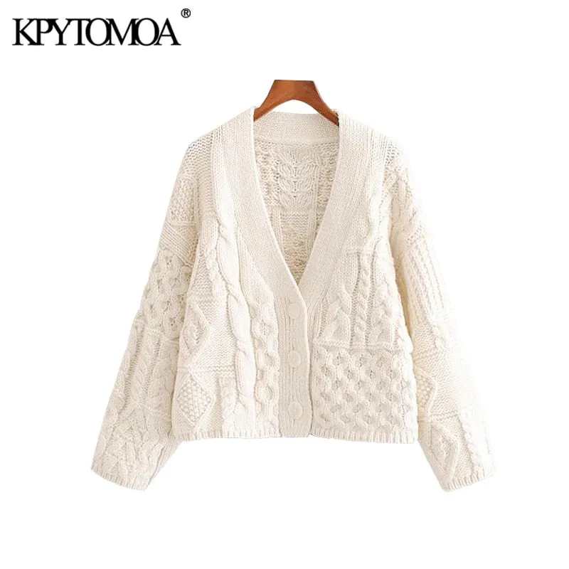 Vintage Stylish Patchwork Cable Knitted Sweater Women 2020 Fashion V Neck Long Sleeve Female Pullovers Chic Short Style Tops