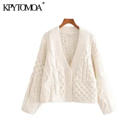 Vintage Stylish Patchwork Cable Knitted Sweater Women 2020 Fashion V Neck Long Sleeve Female Pullovers Chic Short Style Tops