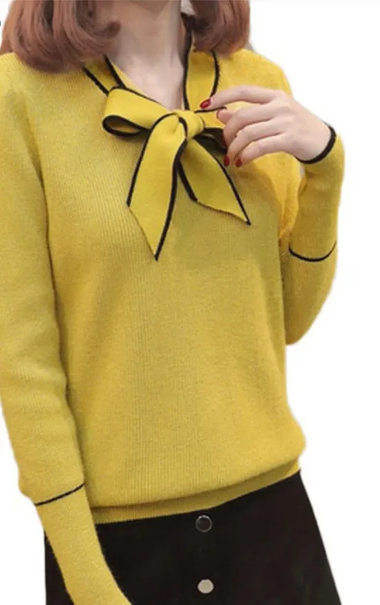 Women Long Sleeve Knitted Sweater Female with Bow Yellow Red Jumper Ladies Clothes Autumn Winter Pullover Sweater Outwear